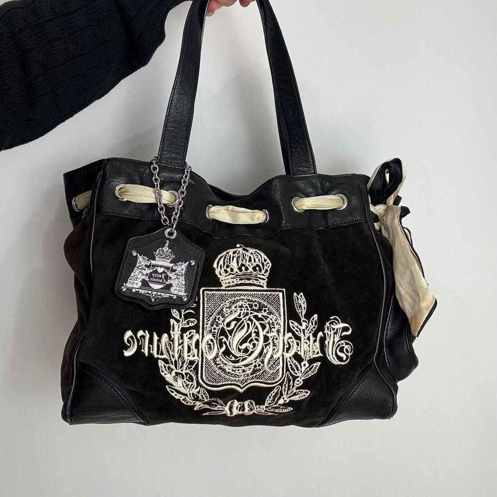 Juicy Couture Vintage Y2K Black Velour Daydreamer Shoulder Bag with bow detail